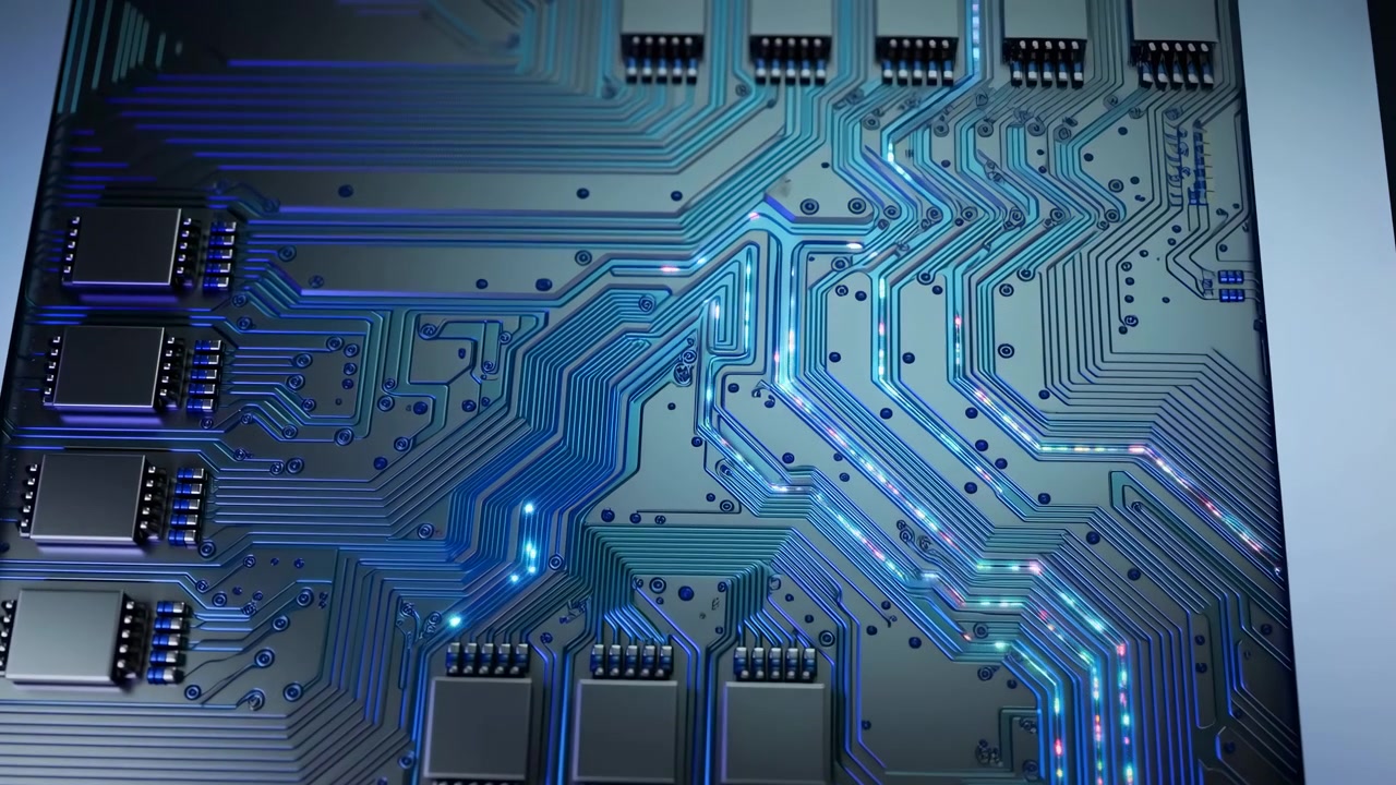 Closeup midsequence of illuminated PCB traces showing simulated data flow across integrated