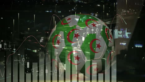 algerian flag soccer ball with animation over financial charts and city lights