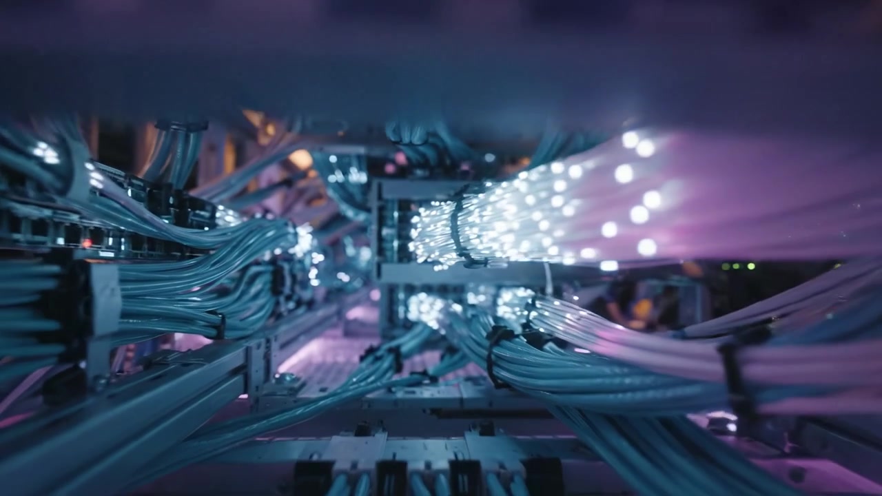 Intricate Underbelly of a Data Center: Vibrant Fiber Optic Cables and Advanced Network Equipment Creating a Technological Marvel of Connectivity and Information Flow