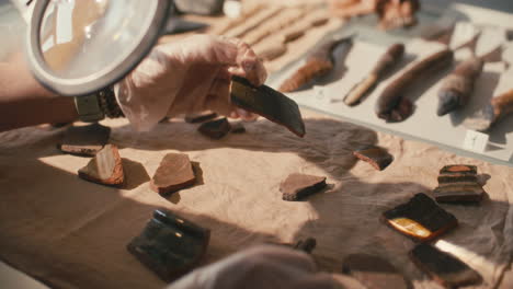 hands of female archeologist arranging artifacts under magnifying lamp