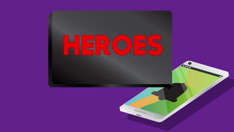heroes. text on notification bubble from portable information device screen.