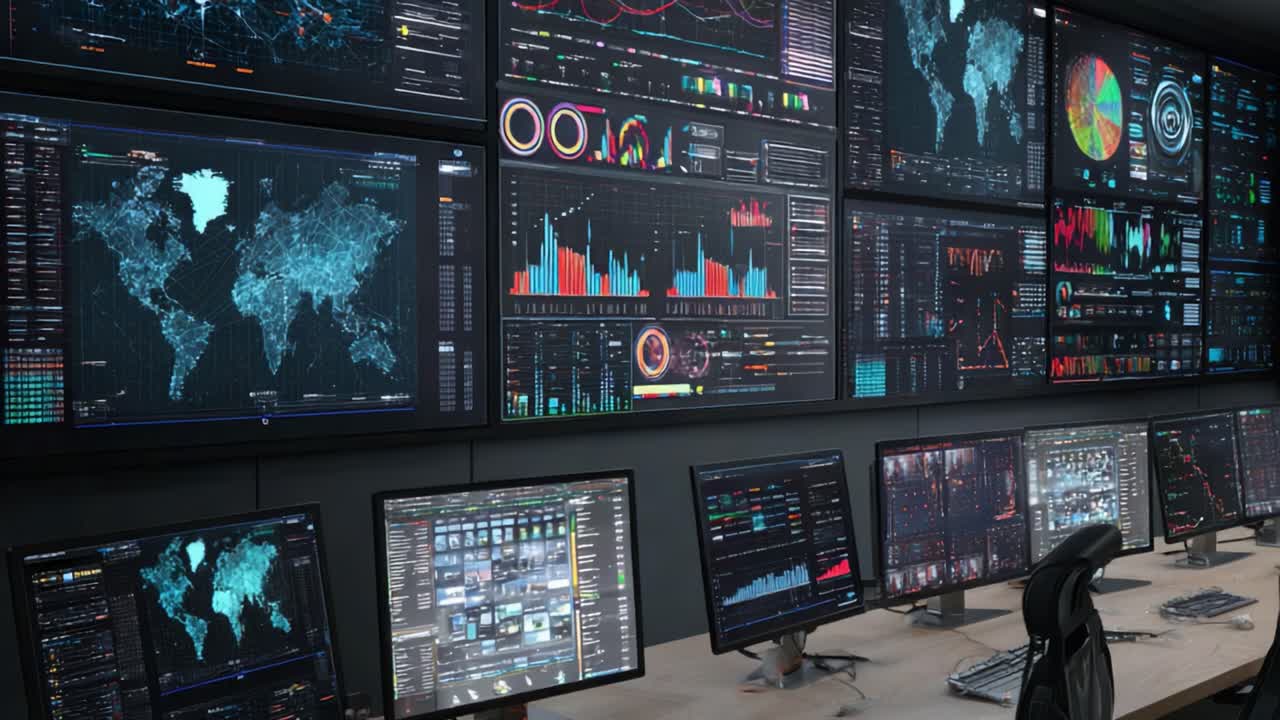 Advanced Data Analysis Center Featuring Multiple Screens Displaying Comprehensive Visualizations, Analytics and Graphs for Real-Time Insights and Monitoring