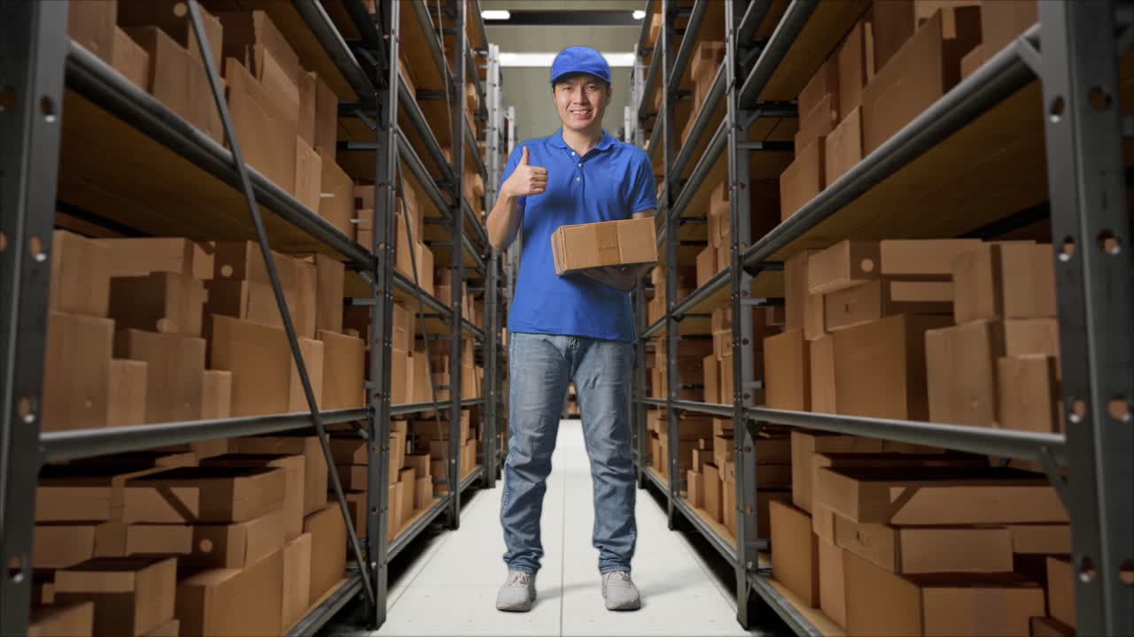 cuerpo lleno de mensajero masculino asiático en uniforme azul mostrando pulgares hacia arriba gesto y sonriendo mientras entrega una caja en el almacén
