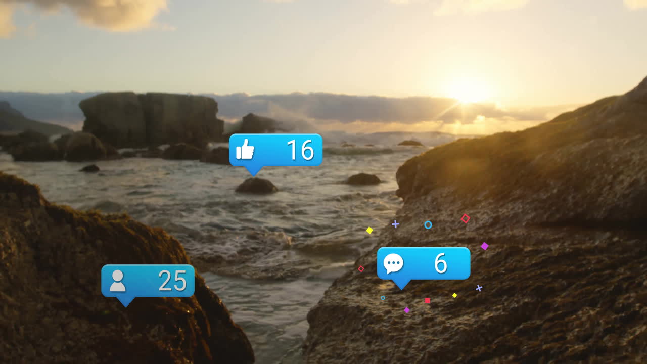 Viewing scenic coastal sunset, social media notifications animating on screen