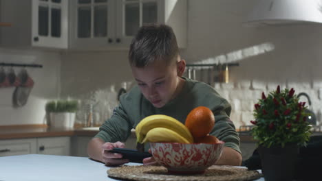 boy using smartphone in a kitchen