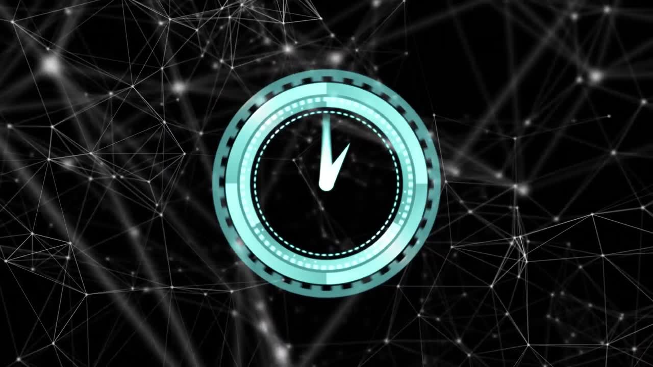 Animation of network of connections and clock moving over black background