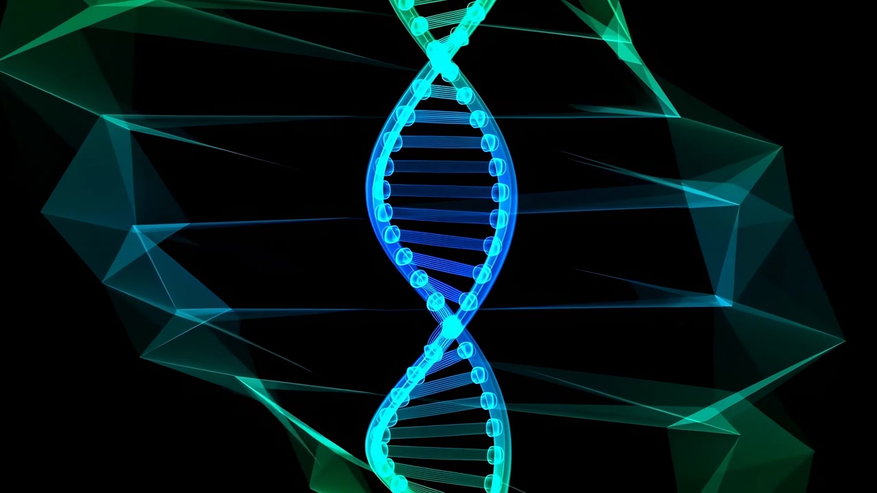 Fili di DNA ciano brillante si attorcigliano nell'inquadratura mentre nastri geometrici sovrapposti color verde acqua si muovono dietro di essi, creando una grafica di biologia molecolare ad alto contrasto con composizione verticale centrata.