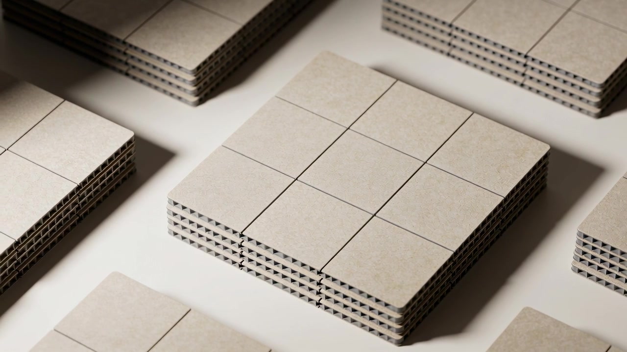 Moving camera showing central square stack growing on table to reveal corrugated edges and 3x3 grid