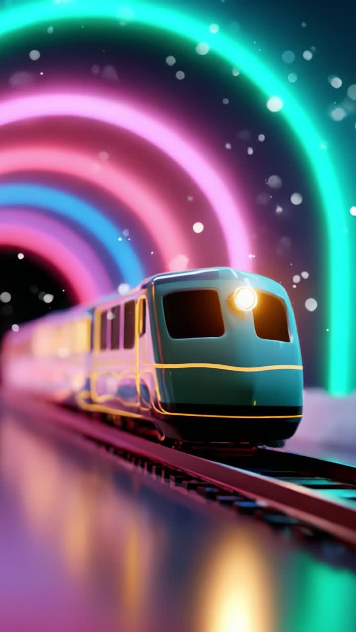 A Vibrant Train Journey Through an Illumination Tunnel: Discover the Captivating Blend of Colorful Lights and Moving Train Set Against a Dreamy Background of Swirling Neon Rainbows and Stars