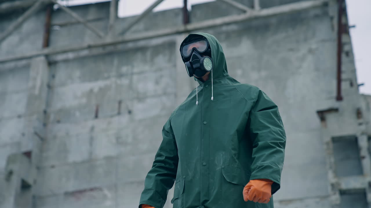 Man in gas mask on destroyed building background. Survivor in respirator and safety suit standing in radioactive zone. Ecological catastrophe. Post apocalyptic world.
