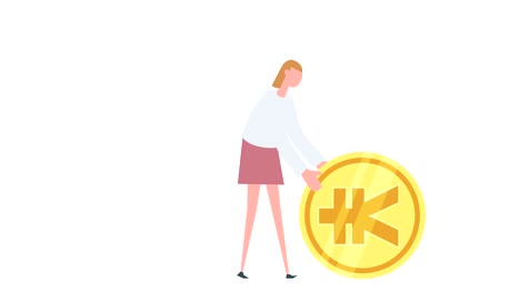 평평한 만화 다채로운 여성 캐릭터 애니메이션. 소녀는 롤을 밀어 일본 엔 동전 상황