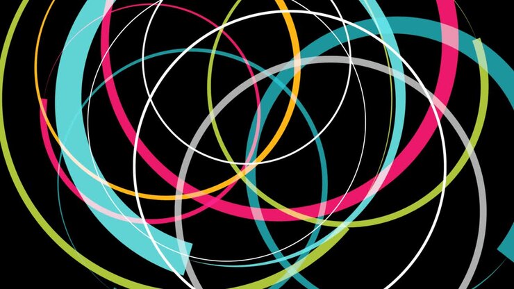 Design di forme geometriche circolari su sfondo nero. Cerchi in rotazione e movimento. Illustrazione animata.