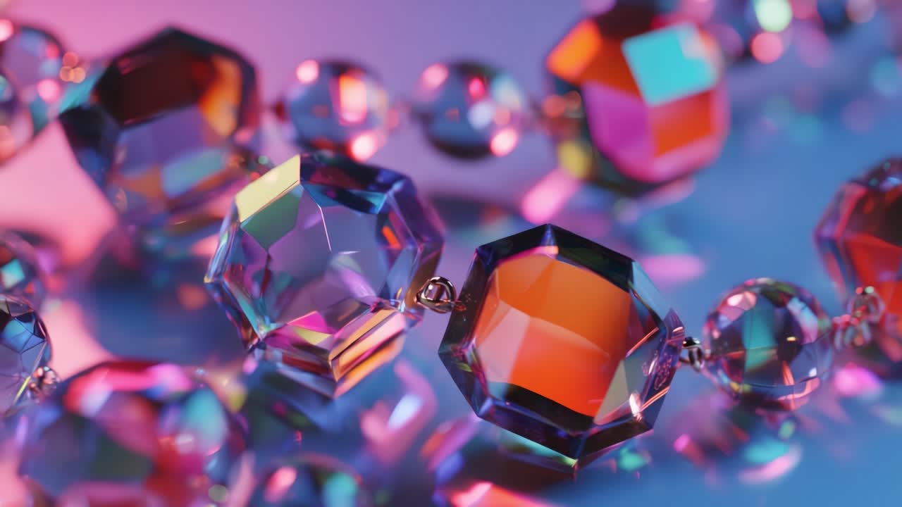A Stunning Close-Up of a Colorful Crystal Bead Necklace Shows Off its Intricate Geometric Shapes and Dazzling Light Reflections Against a Vibrant Gradient Background, Capturing the Essence of Luxury and Elegance