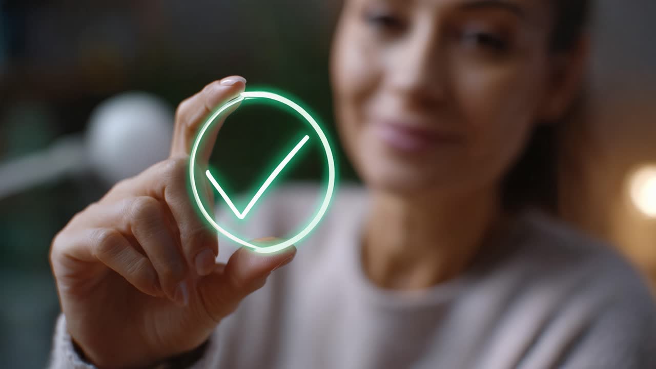 Confident woman displaying a glowing green check mark symbolizes success and achievement, reflecting empowerment and positivity in her facial expression