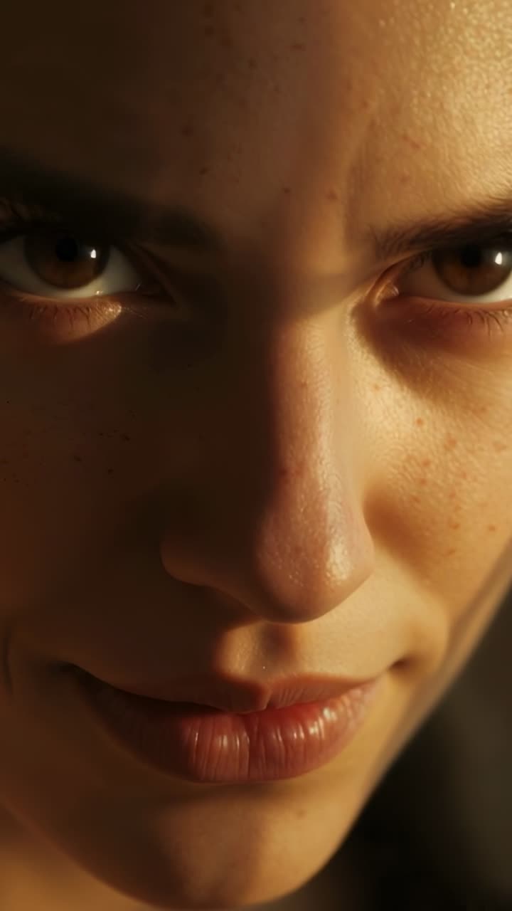 Vertical video: Beginning with downward glance, adult woman moving eyes to camera in warm close-up