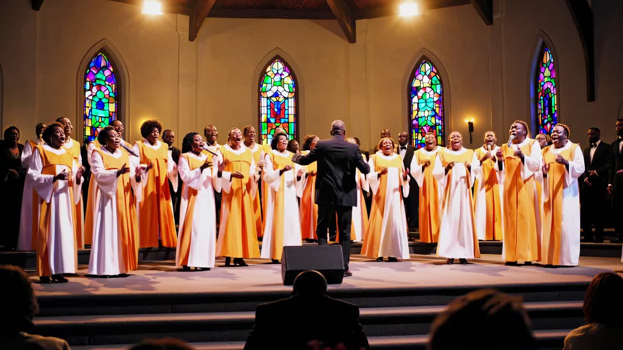 A vibrant choir in orange robes sings in a church with stained glass windows
