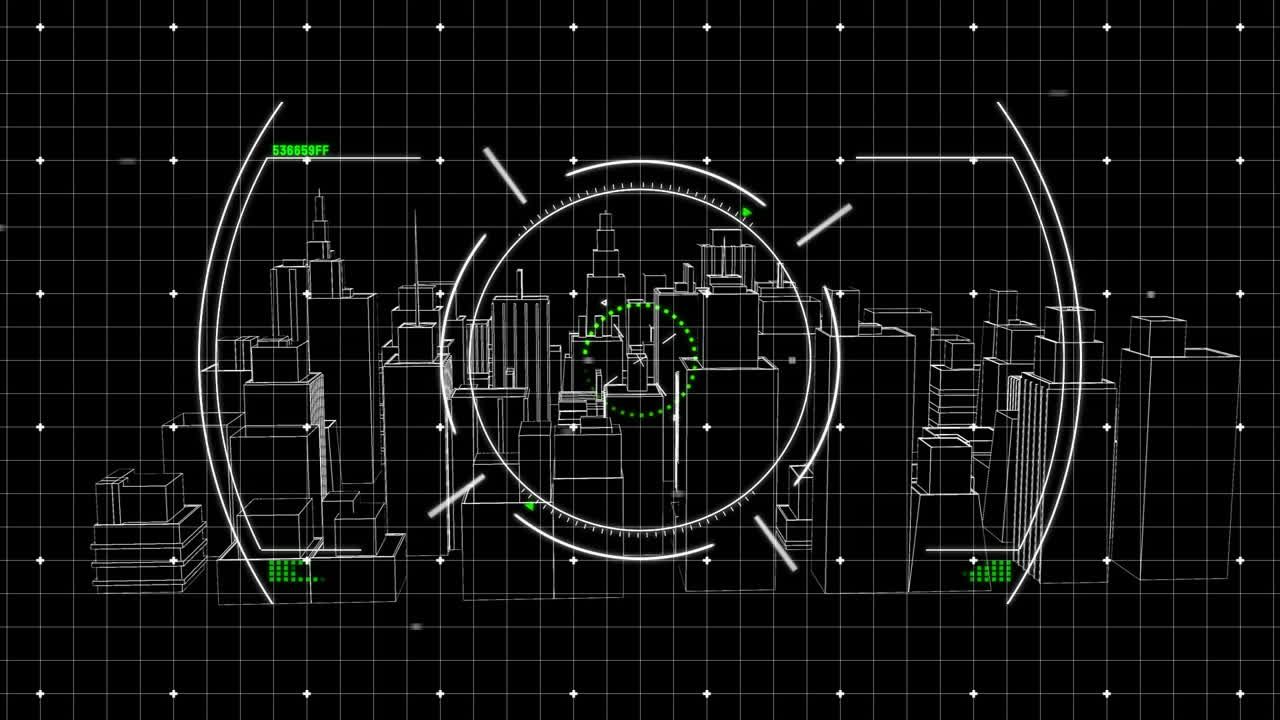Wireframe city model spinning in virtual 3D grid scene, displaying HUD reticle with digital markers