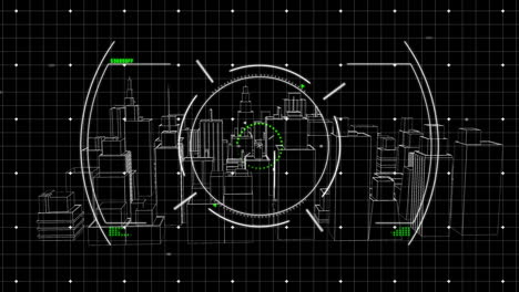 wireframe city model spinning in virtual 3d grid scene, displaying hud reticle with digital markers