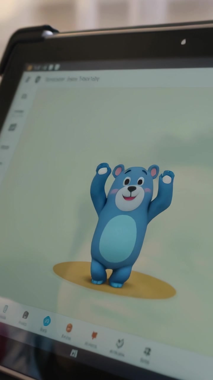 Vertical video: Smiling boy in striped tee tapping tablet by window, watching blue bear, copy space