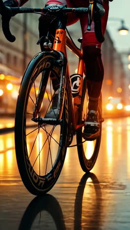 cyclist navigating a wet city street during evening twilight
