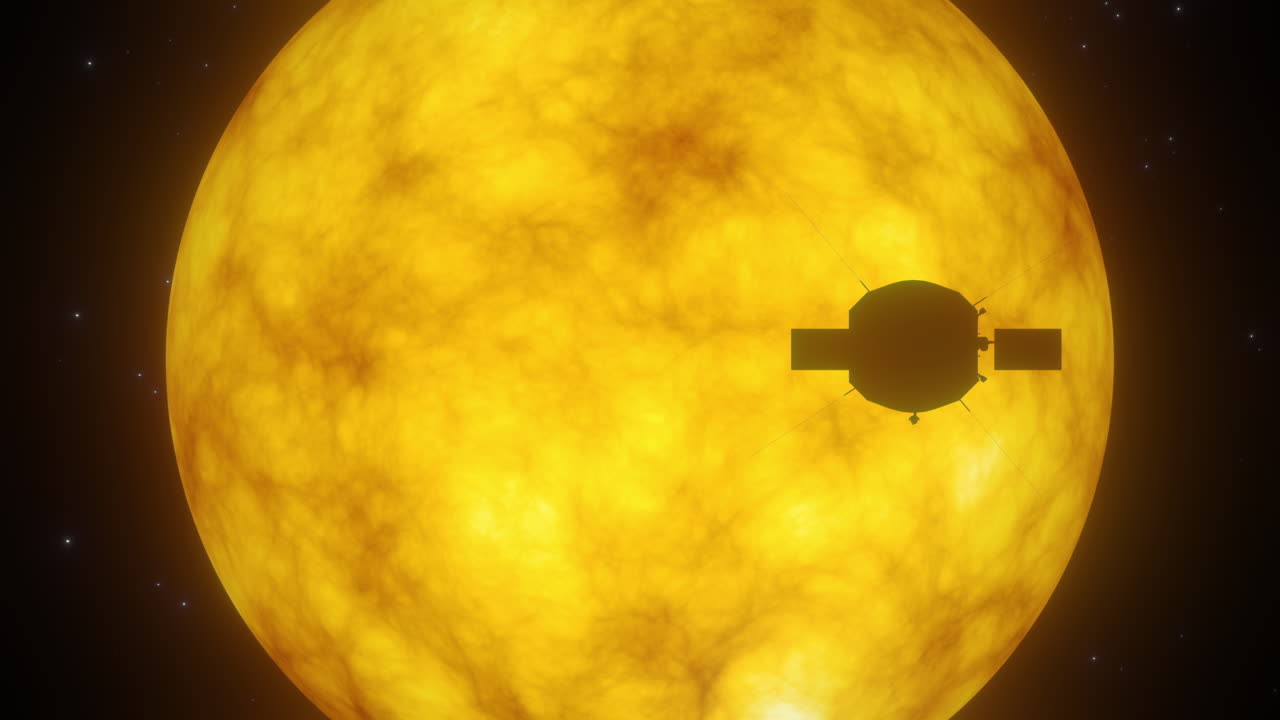 Silhouette of Parker Solar Probe Traversing Surface of the Sun with Heat Shield Protecting Scientific Instruments On Board Gathering Data About Star Activity