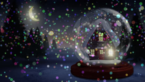 animation of christmas snow globe with house and spots floating