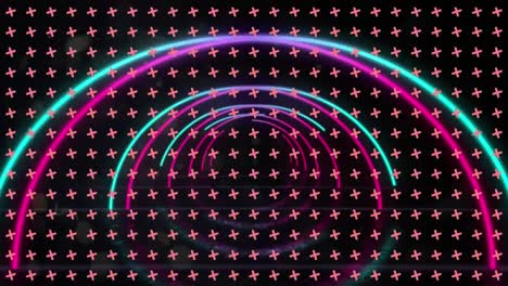 animación de arcos de neón que se mueven sobre cruces que giran sobre un fondo negro