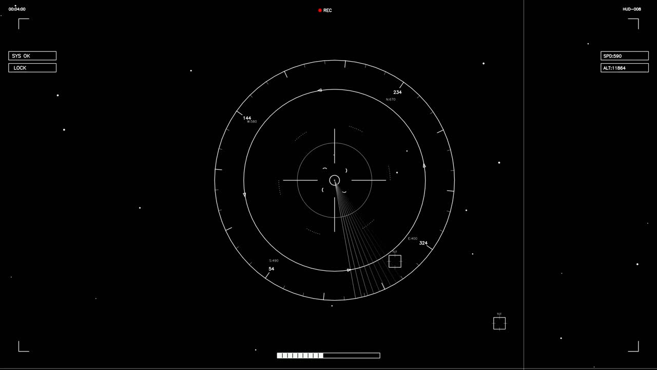Et HUD-element viser forskellige datapunkter og linjer i et cirkulært layout mod en sort baggrund. Det er designet til brug for videoskabere og webdesignere i projekter.