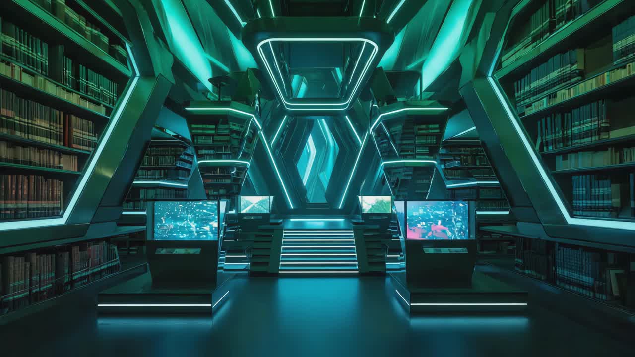 A futuristic library with neon lighting