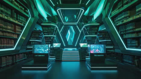a futuristic library with neon lighting