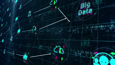 símbolos de tecnología de grandes datos en la sala de servidores en el bucle de fondo