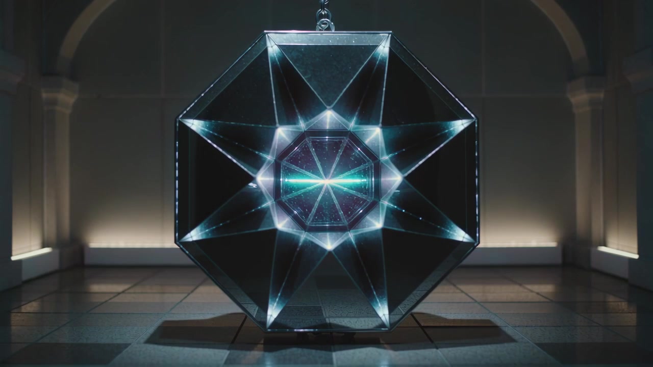Pulsing faceted octagon crystal on heavy chain brightening core light in formal hall, casting glow