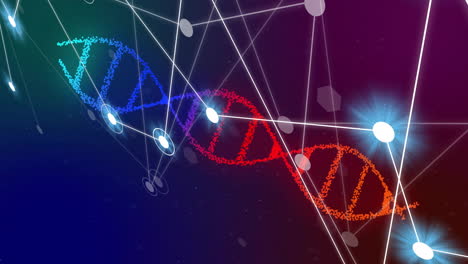 Animation-Eines-Leuchtend-Weißen-Netzwerks-Von-Verbindungen-über-Einem-DNA-Strang-Auf-Dunklem-Hintergrund