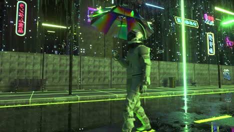 Concepto-Futurista-Abstracto.-Un-Astronauta-Camina-Con-Un-Paraguas-Por-Una-Ciudad-Ciberpunk-Bajo-La-Lluvia.-Ciudad-De-Noche.-Luz-De-Neón-Verde.-Arcoíris.-Animación-3D