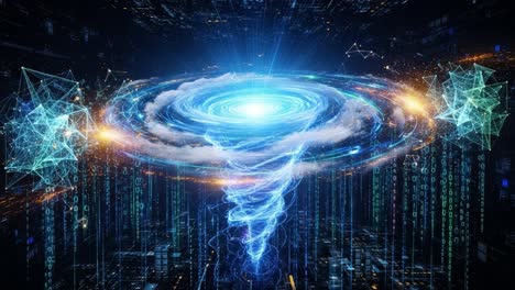 a stunning digital representation of a cosmic whirlpool: exploring the intriguing beauty of a spiraling galaxy enhanced by futuristic technology and energy patterns