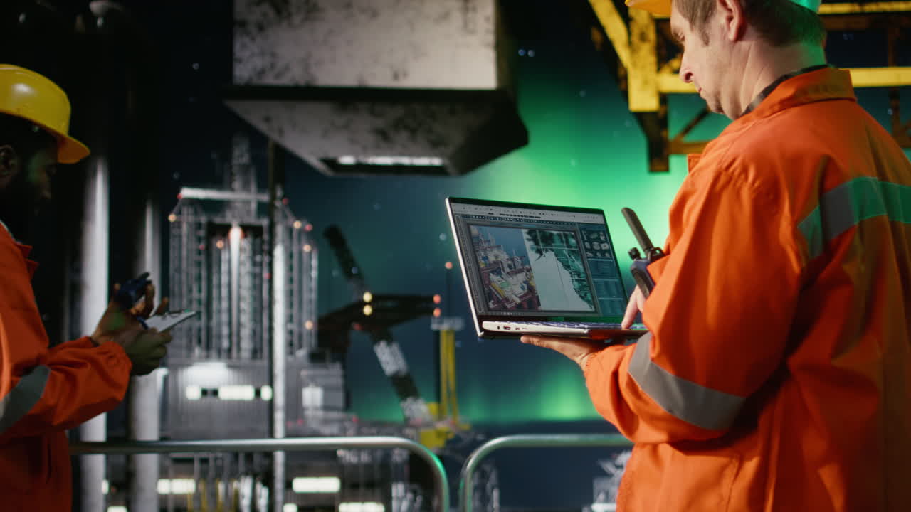 Offshore platform worker ensuring pollution control on pc under northern lights