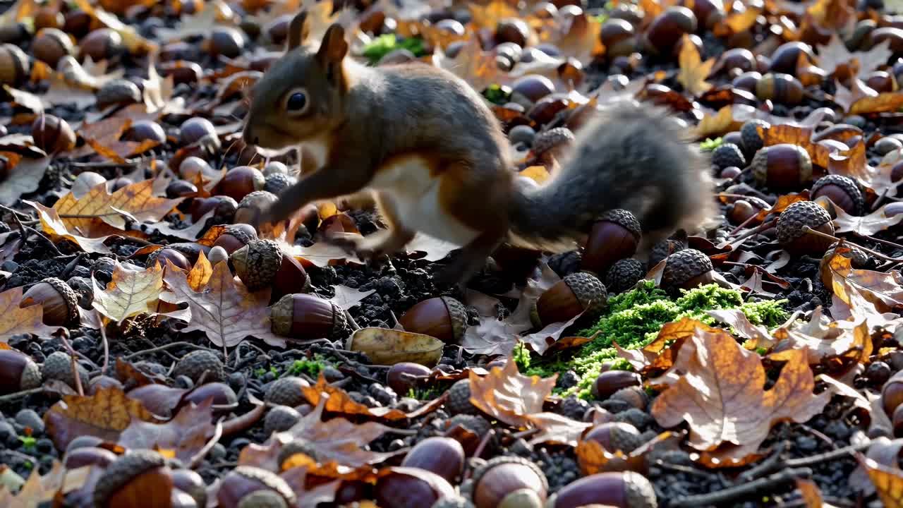 Video ravvicinato di uno scoiattolo sul suolo della foresta, circondato da ghiande e foglie autunnali.