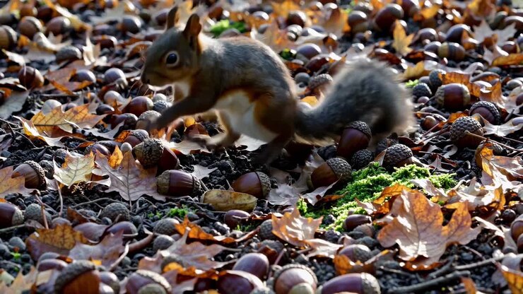 Close-up video of a squirrel on the forest floor, surrounded by acorns and autumn leaves