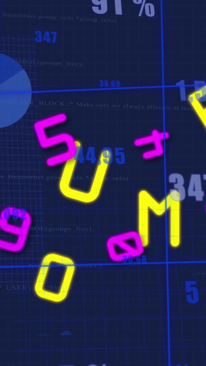 Animation of letters, numbers and data processing over blue background