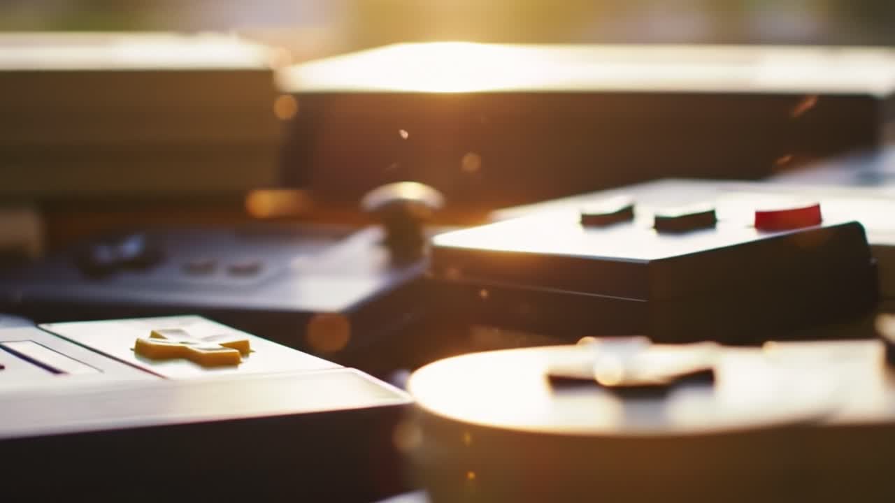A Glimpse into Nostalgia: Close-Up of Vintage Game Controllers Bathed in Golden Sunset Light, Evoking Memories of Classic Gaming Adventures and Fun Times Spent Playing