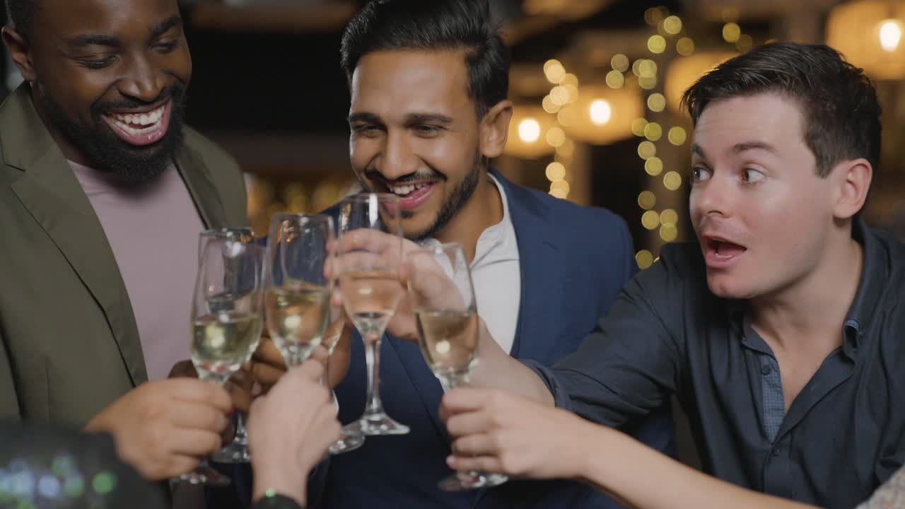 Tracking Shot Pulling Away from Friends Toasting Their Drinks