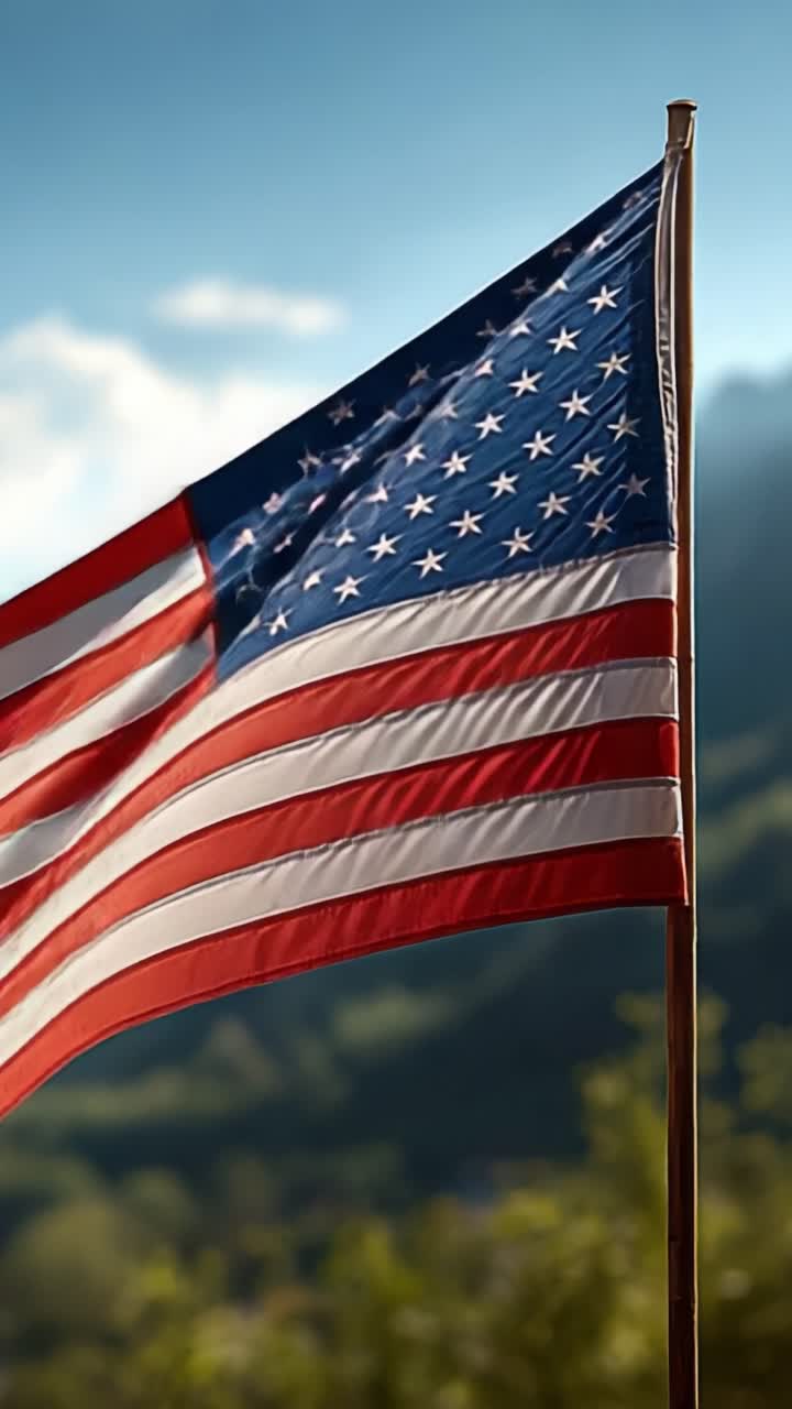 Bandiera americana che sventola con colori vivaci e dettagli nitidi su uno sfondo panoramico, catturando l'essenza del patriottismo e dell'orgoglio nazionale in un bellissimo paesaggio.