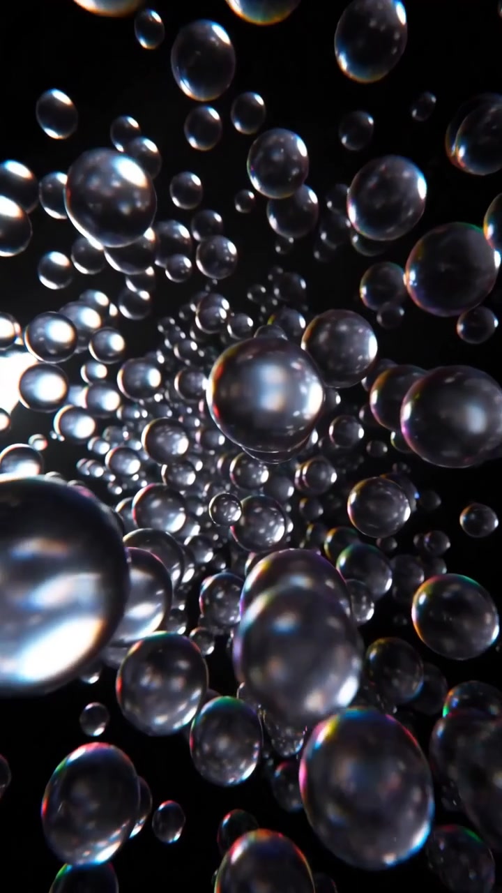 Water droplets glistening and reflecting light, in dark background, with water droplets, from a close-up macro perspective perspective, with black, silver accents, and sparkling and serene mood.