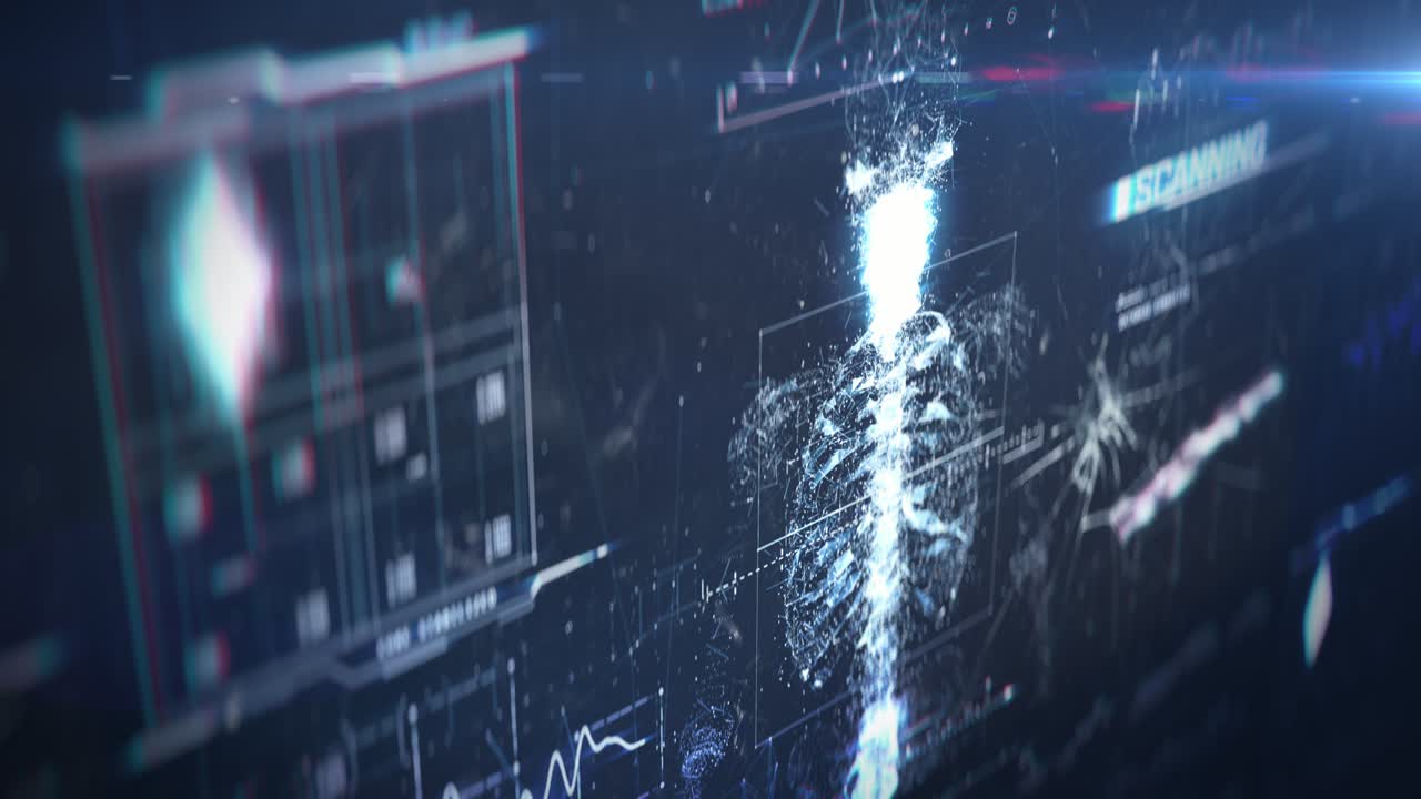 Broken screen showing human body scan results, deserted hospital, emergency