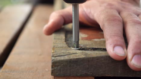 tornillo de fijación en el tablón de madera con un destornillador