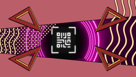 animación de un código qr brillante sobre formas geométricas de neón