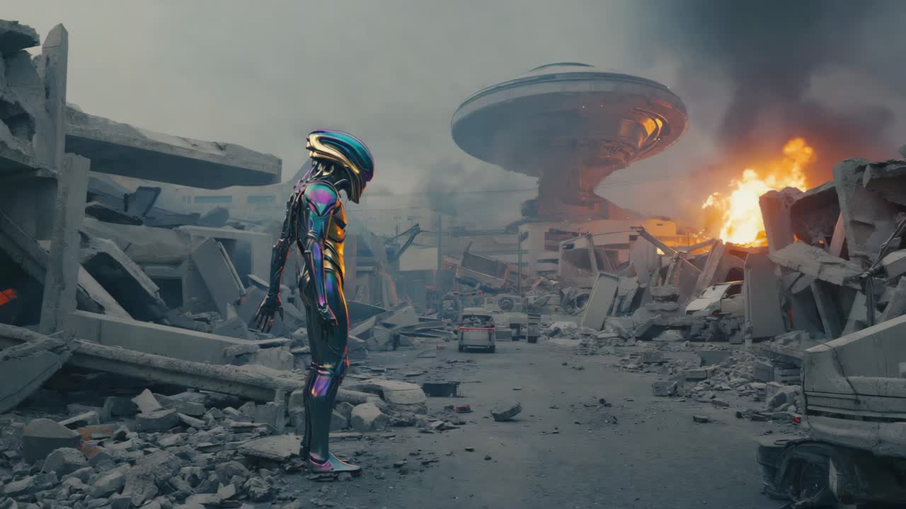 Alien in Post-Apocalyptic City Ruins