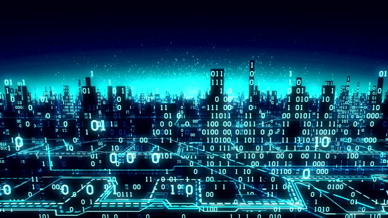 Aerial view of abstract futuristic binary city, a high-tech background with digital arrays connected to the global network, matrix, seamless loop, alpha matte