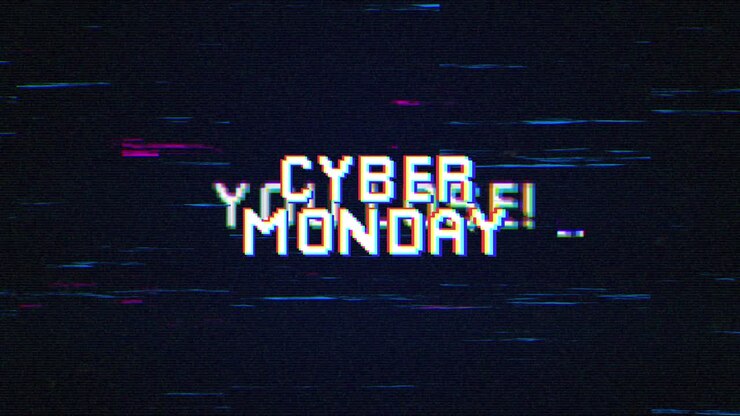 Testo Cyber Monday con effetto glitch e pixelato retrò.