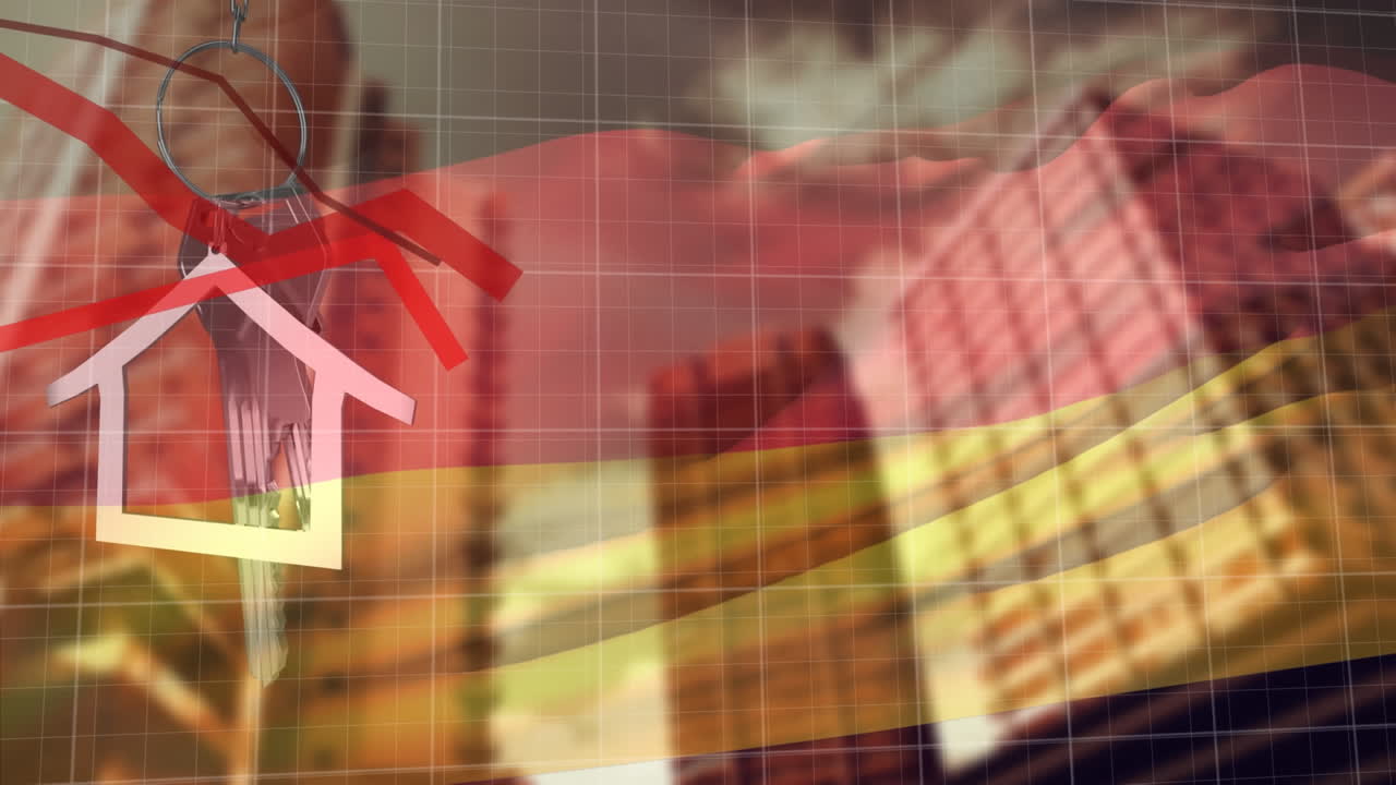 animación de diagrama rojo, procesamiento de datos y bandera de alemania sobre la ciudad y las llaves